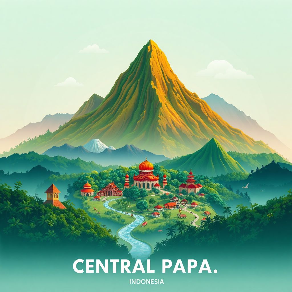 Ultra-high-definition gradient illustration of Central Papua, Indonesia, featuring Lorentz National Park and Baliem Valley with vibrant colors.