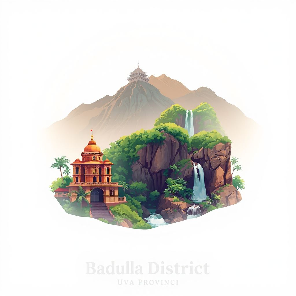 Ultra-high-definition gradient illustration style Badulla District illustration, featuring Muthiyangana Temple and Dunhinda Falls.