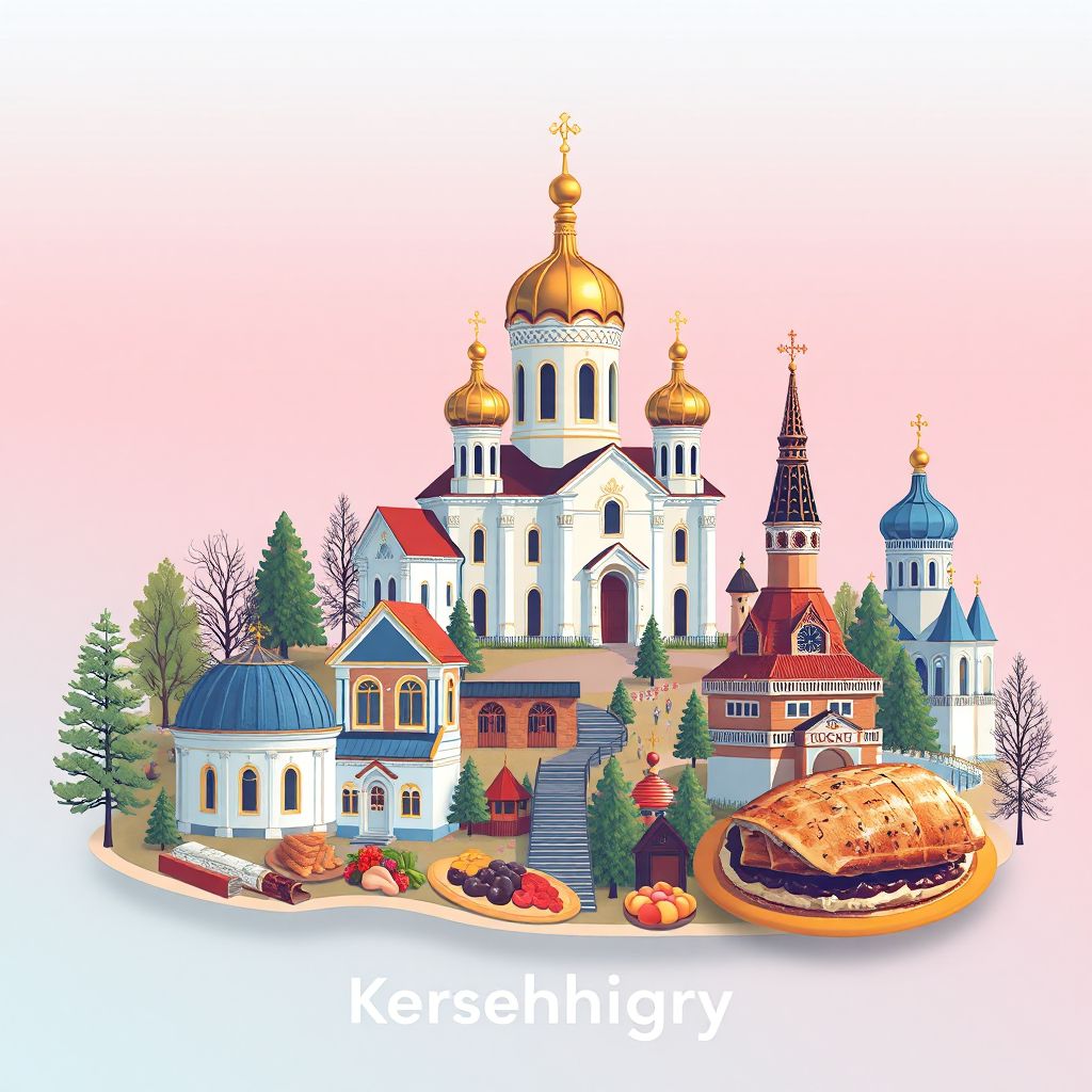 Ultra-high-definition gradient illustration style Gorodskoy Okrug Shchigry illustration, showing the unique charm of the Church of the Intercession of the Holy Virgin and the Shchigry Museum of Local Lore.