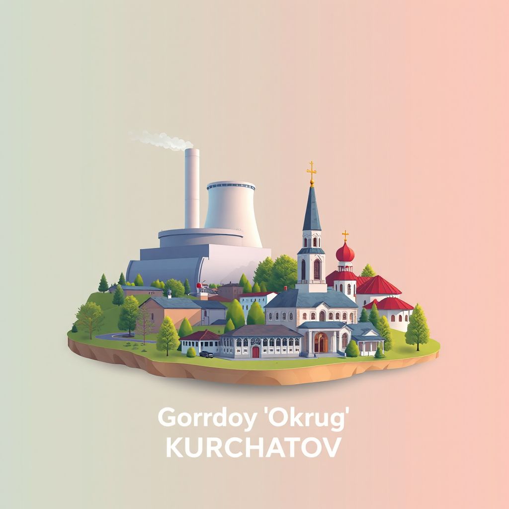 Ultra-high-definition gradient illustration style Gorodskoy Okrug Kurchatov illustration, showing the unique charm of the Kursk Nuclear Power Plant, the Kurchatov Museum, and the local church.