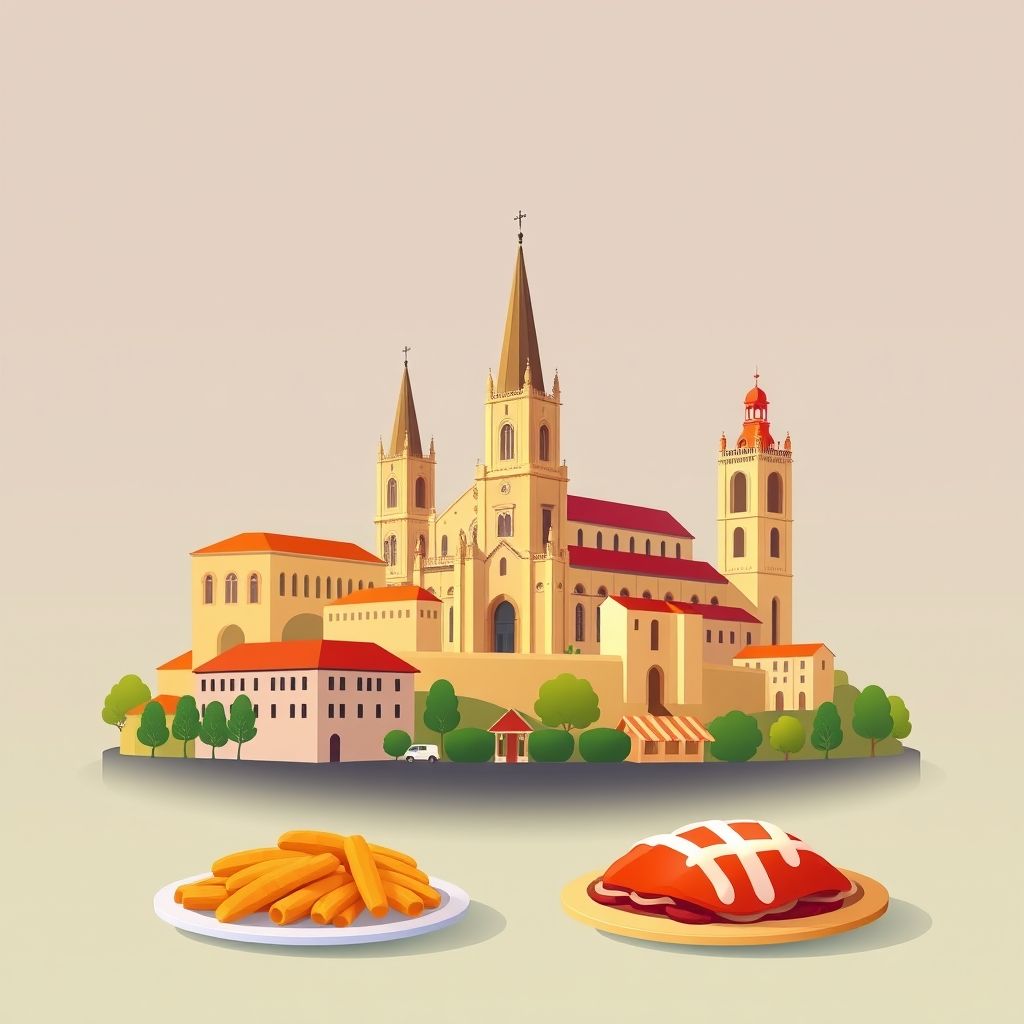 Ultra-high-definition gradient illustration of Escudeiros e Penso, Braga, Portugal, featuring the Braga Cathedral, Bom Jesus do Monte, and Francesinha.
