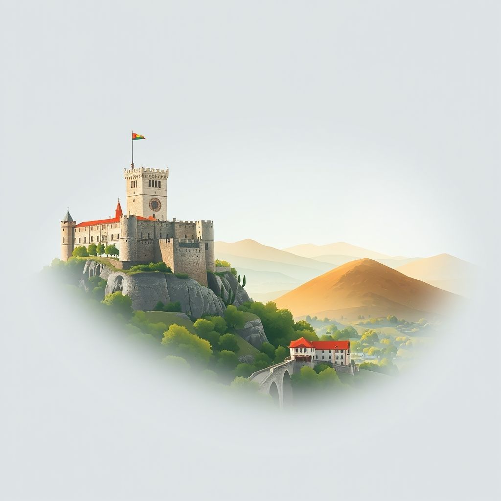 Ultra-high-definition gradient illustration of Espadanedo, Edroso, Murçós e Soutelo Mourisco, featuring Braganca Castle, Montesinho Natural Park, and Pastel de Nata.