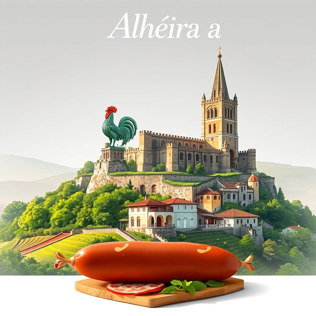 Ultra-high-definition gradient illustration of Alheira e Igreja Nova, featuring the Barcelos Rooster statue, Barcelos Castle, countryside, and Alheira sausage.