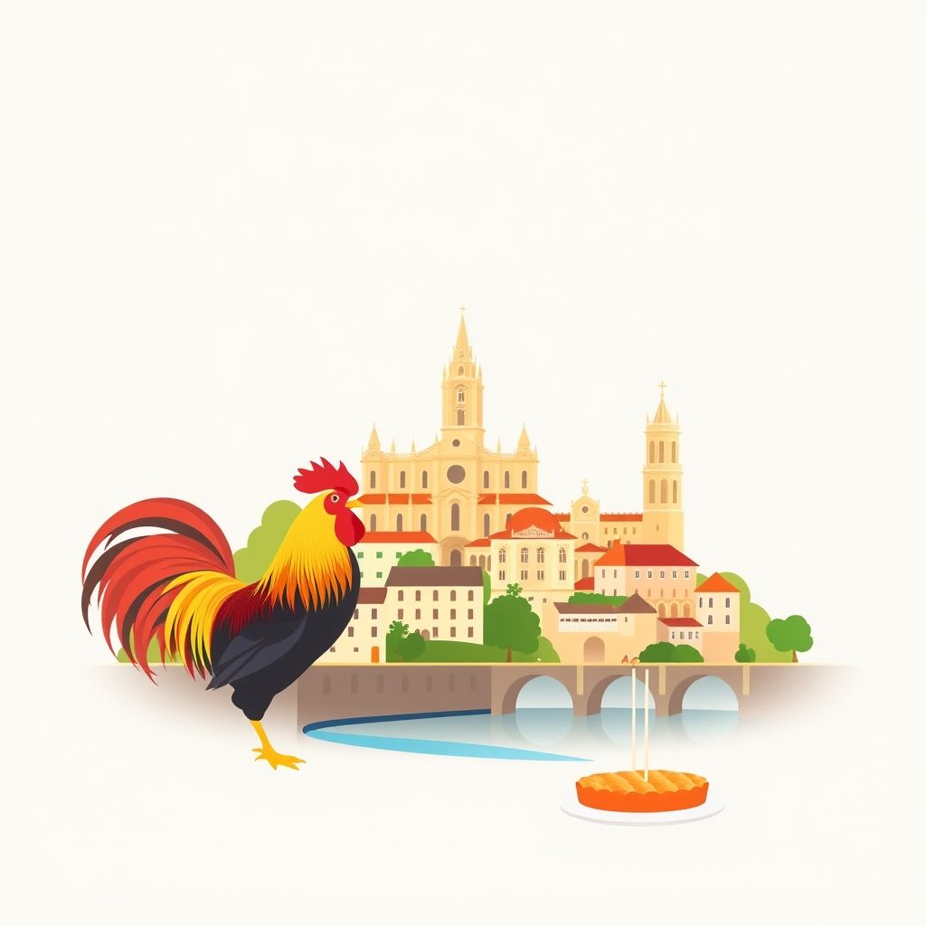 Gradient illustration of Alvito (São Pedro e São Martinho) e Couto, Barcelos, featuring the Barcelos Rooster, Barcelos Cathedral, Cávado River, and Pasteis de Nata.