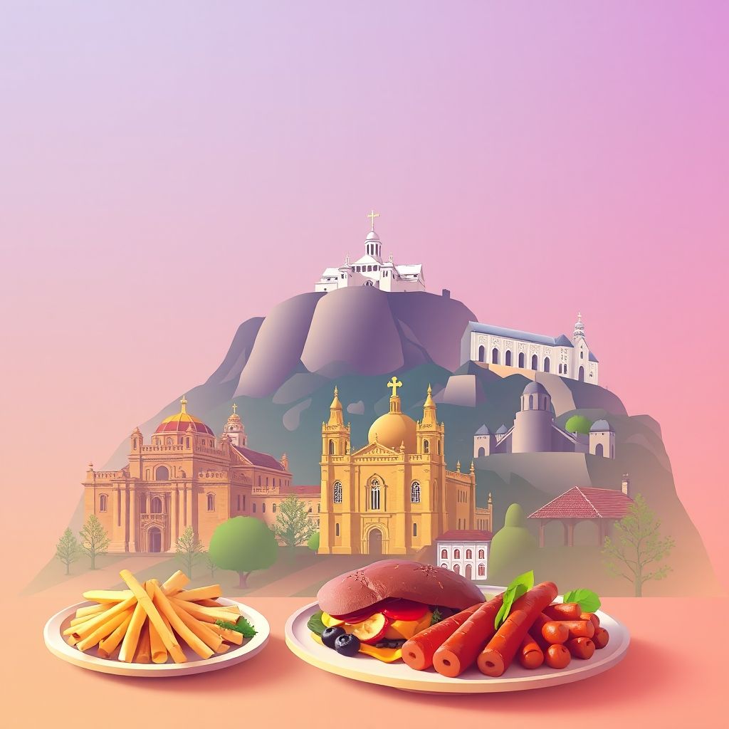 Ultra-high-definition gradient illustration of Arco de Baúlhe e Vila Nune, featuring Bom Jesus do Monte sanctuary, Braga Cathedral, and Francesinha.