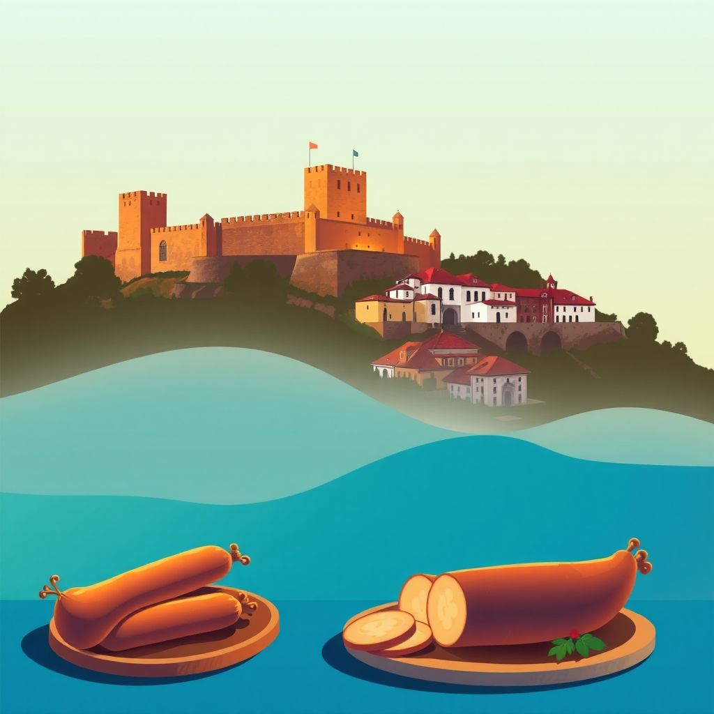 Ultra-high-definition gradient illustration of Remondes e Soutelo, Mogadouro, Braganca, Portugal, featuring the Castle of Braganca, the historic village of Mogadouro, and alheira sausage.