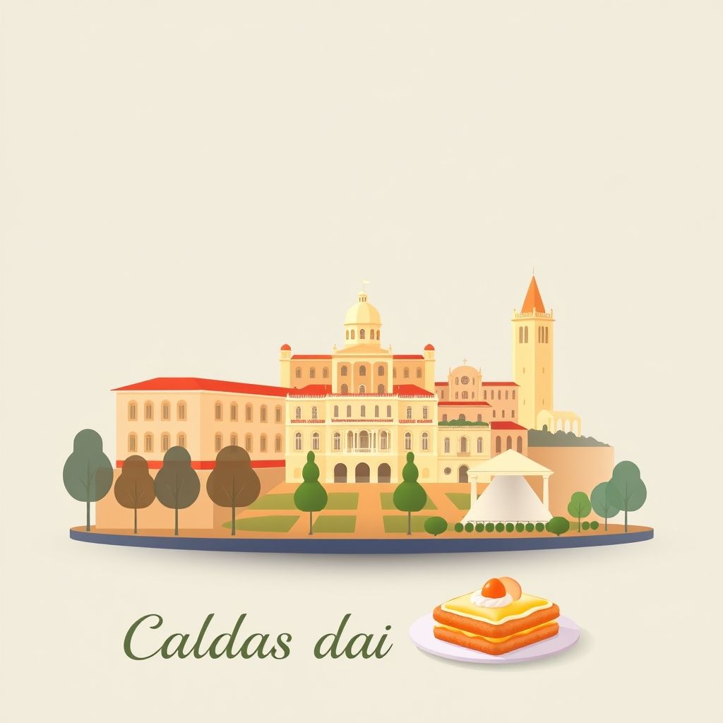 Gradient illustration of Caldas da Rainha, Portugal, featuring Hospital Termal Rainha D. Leonor, Parque Dom Carlos I, and pastel de nata.