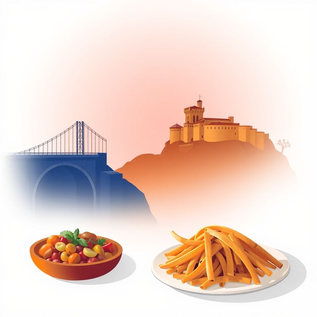 Gradient illustration of Barcel, Marmelos e Valverde da Gestosa, Mirandela, Braganca, Portugal, featuring Mirandela Bridge, Mirandela Castle, and Alheira de Mirandela.