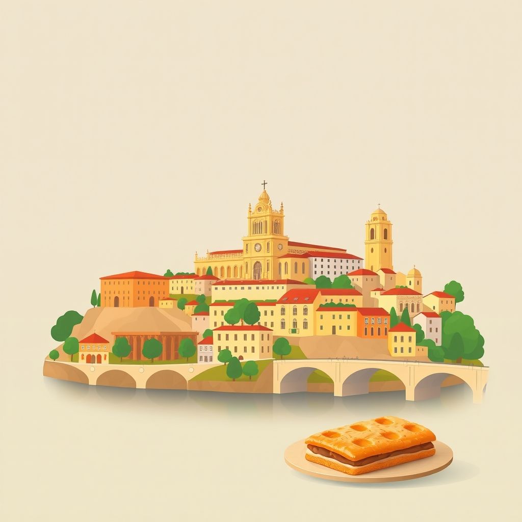 Ultra-high-definition gradient illustration of Antuzede e Vil de Matos, Coimbra, featuring the University of Coimbra, Santa Clara-a-Velha Monastery, Mondego River, and Pastel de Tentúgal.