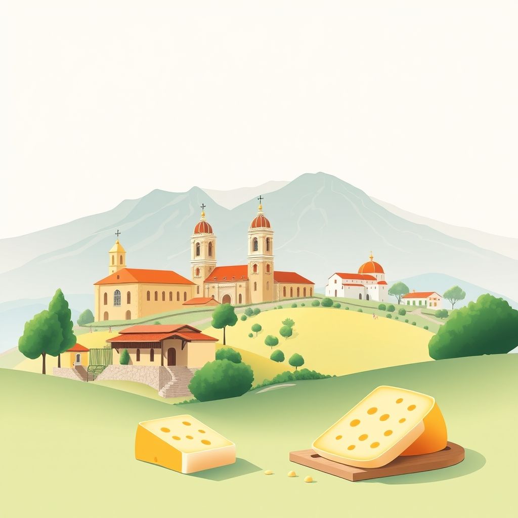 Ultra-high-definition gradient illustration of Moimenta da Serra e Vinhó, featuring historic churches, Serra da Estrela mountains, and Queijo Serra da Estrela cheese.