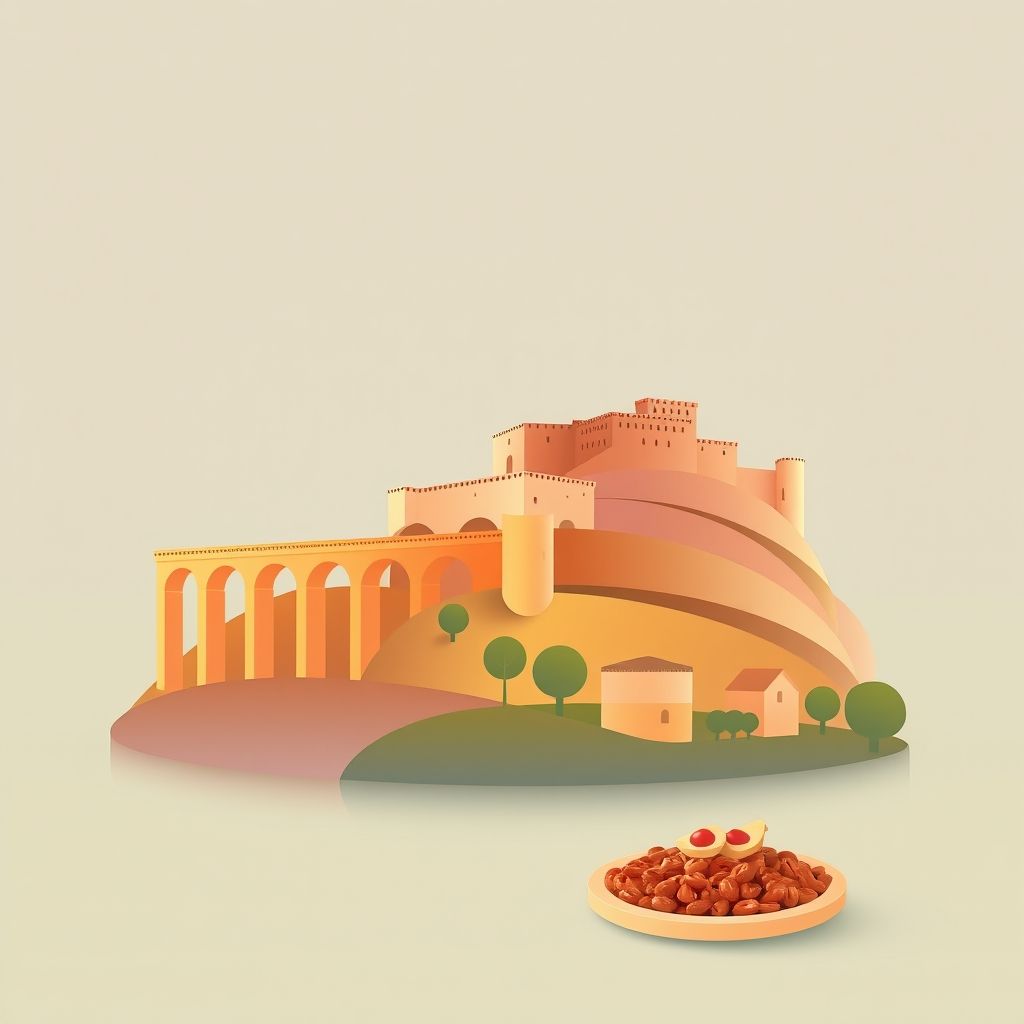 Ultra-high-definition gradient illustration of Caia, São Pedro e Alcáçova, Elvas, Portugal, featuring the Amoreira Aqueduct, Castle of Elvas, and 'Bacalhau à Bras.'