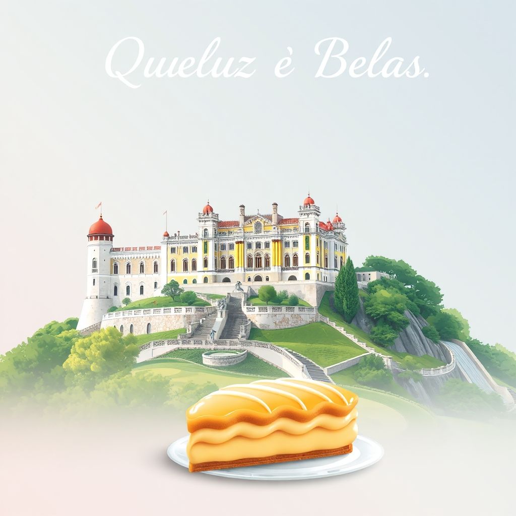 Ultra-high-definition gradient illustration of Queluz e Belas, featuring Queluz National Palace, Belas Golf Course, and Pastel de Nata.