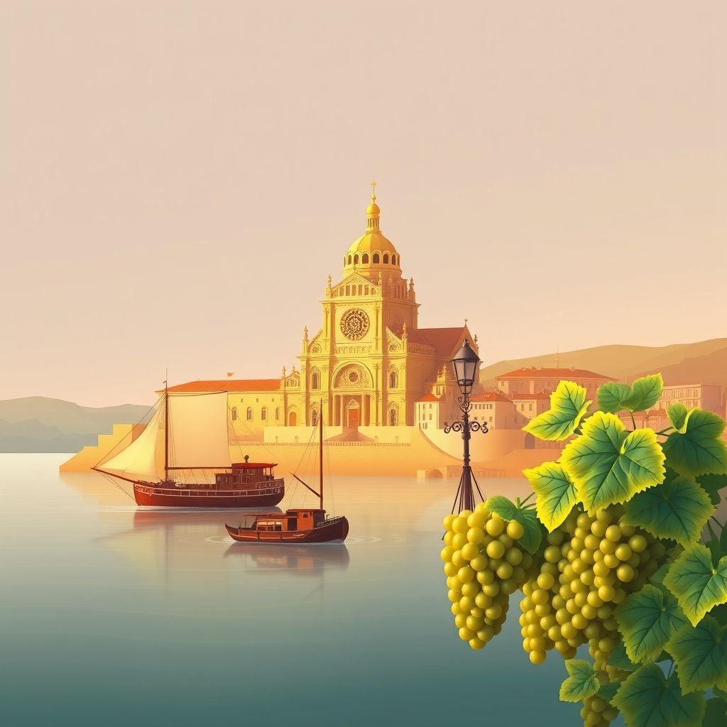 Ultra-high-definition gradient illustration of Nogueira, Meixedo e Vilar de Murteda, featuring Santuário de Santa Luzia, Gil Eannes Hospital Ship, and Vinho Verde wine.
