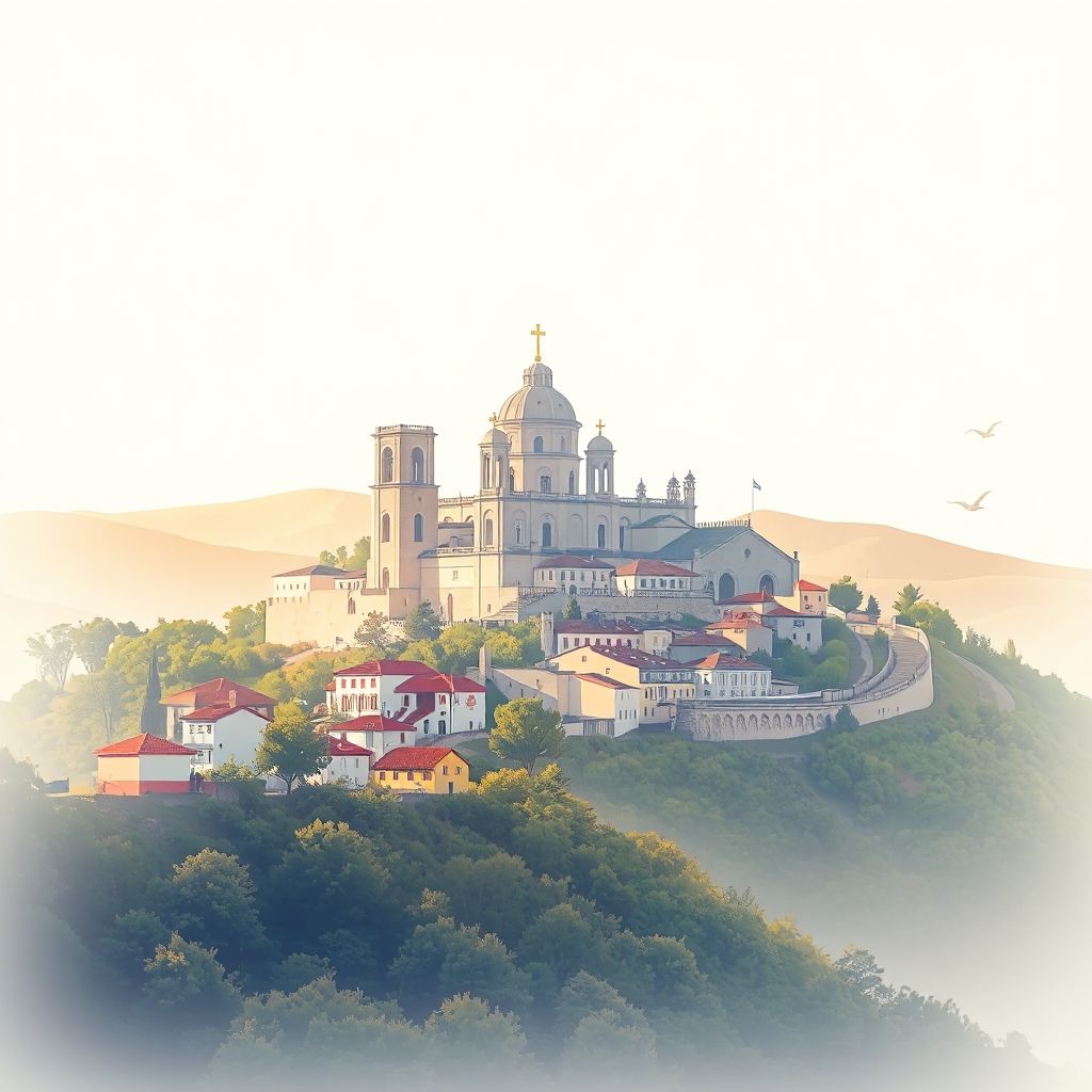 Ultra-high-definition gradient illustration of Ermelo e Pardelhas, Mondim de Basto, Vila Real, Portugal, featuring the Senhora da Graça Sanctuary and natural landscapes with local cuisine.