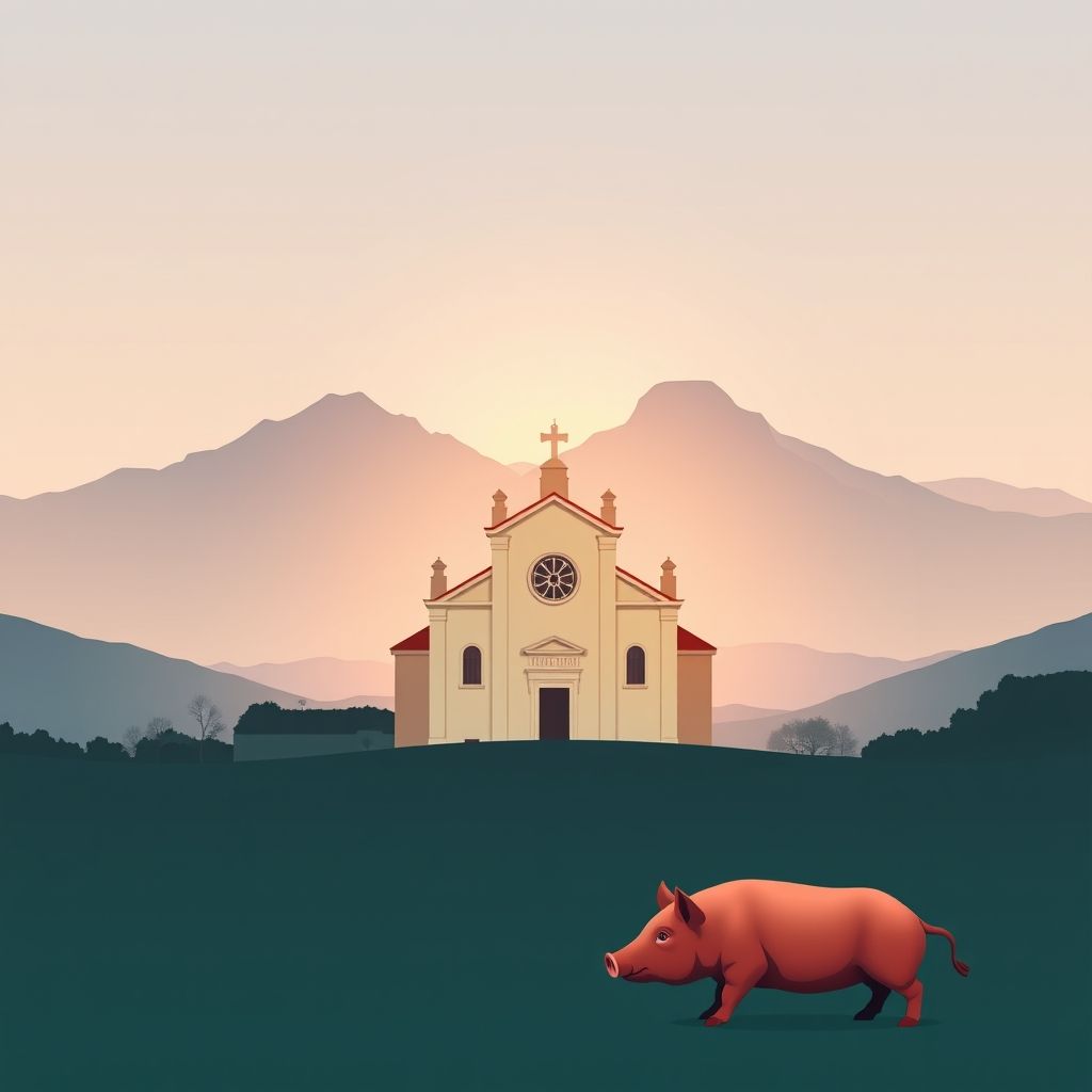 Ultra-high-definition gradient illustration of Vilar de Besteiros e Mosteiro de Fráguas, featuring Caramulo Mountains, Tondela Church, and roast suckling pig.