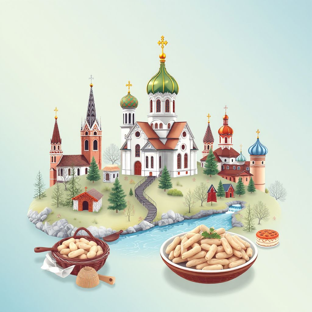 Ultra-high-definition gradient illustration style Kuyedinsky District illustration, showing the unique charm of the Church of the Intercession of the Holy Virgin and the Kuyeda River.
