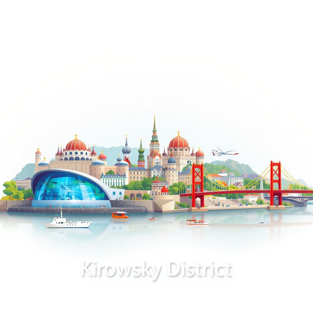 Ultra-high-definition gradient illustration style Kirovsky District illustration, showing the unique charm of the Primorsky Aquarium, the Vladivostok Fortress, and the Golden Bridge.