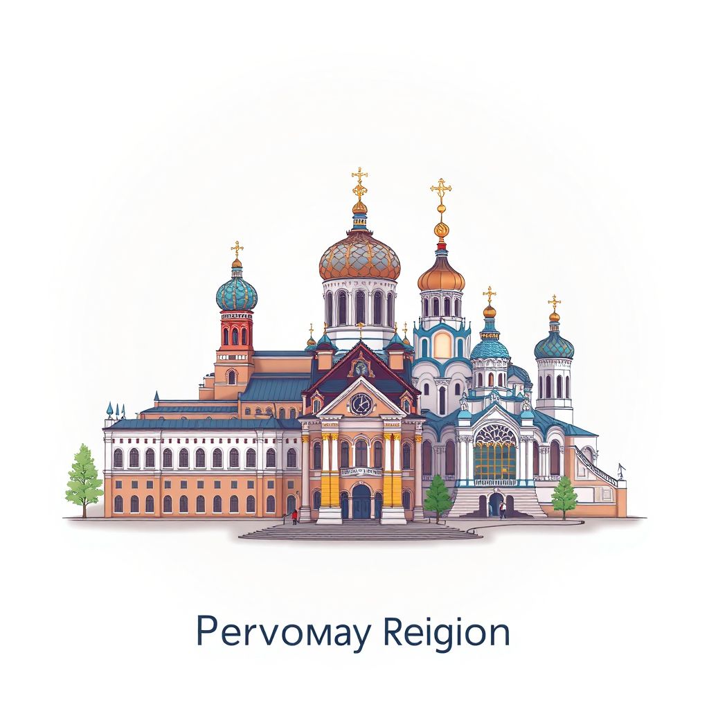 Ultra-high-definition gradient illustration style Pervomay Region illustration, showing the unique charm of the Tomsk State University, the Church of the Intercession of the Holy Virgin.