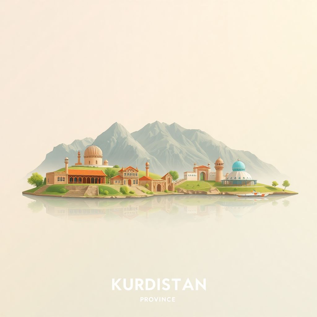 Ultra-high-definition gradient illustration style Kurdistan Province illustration, showcasing the unique charm of the Palangan Village, Kandovan Village and Lake Zarivar.