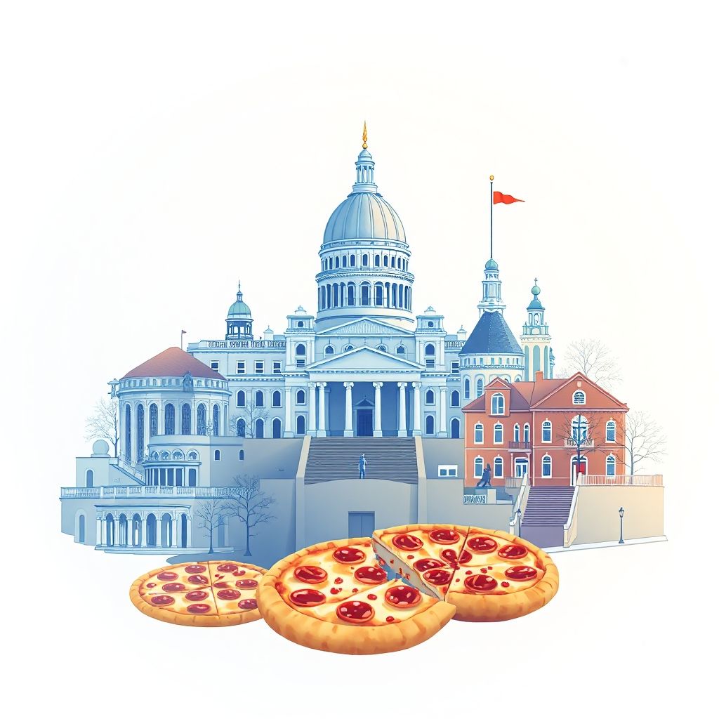 Ultra-high-definition gradient illustration of Capitol Planning Region, Connecticut, featuring the Connecticut State Capitol, Mark Twain House, Mystic Seaport Museum, and New Haven-style pizza.