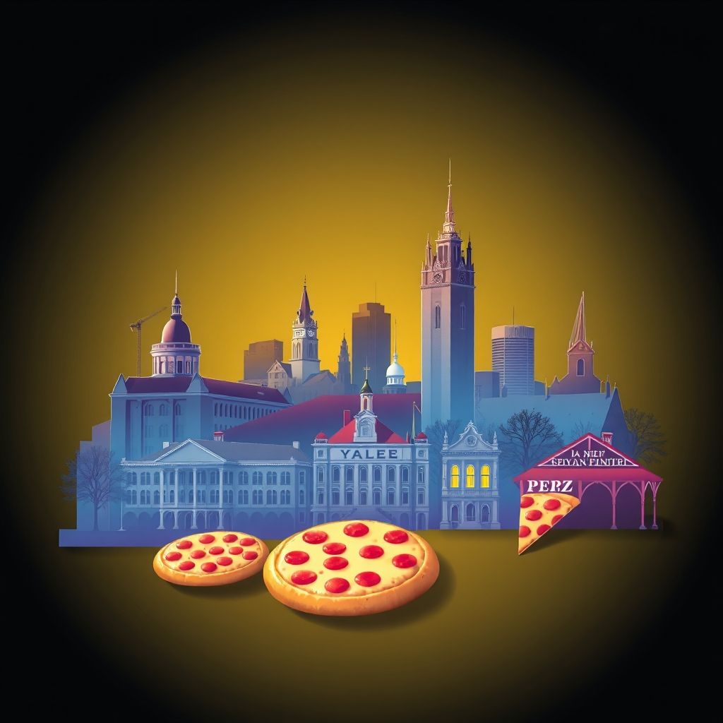 Ultra-high-definition gradient illustration of South Central Connecticut Planning Region, featuring Yale University, the PEZ Visitor Center, and New Haven-style pizza.