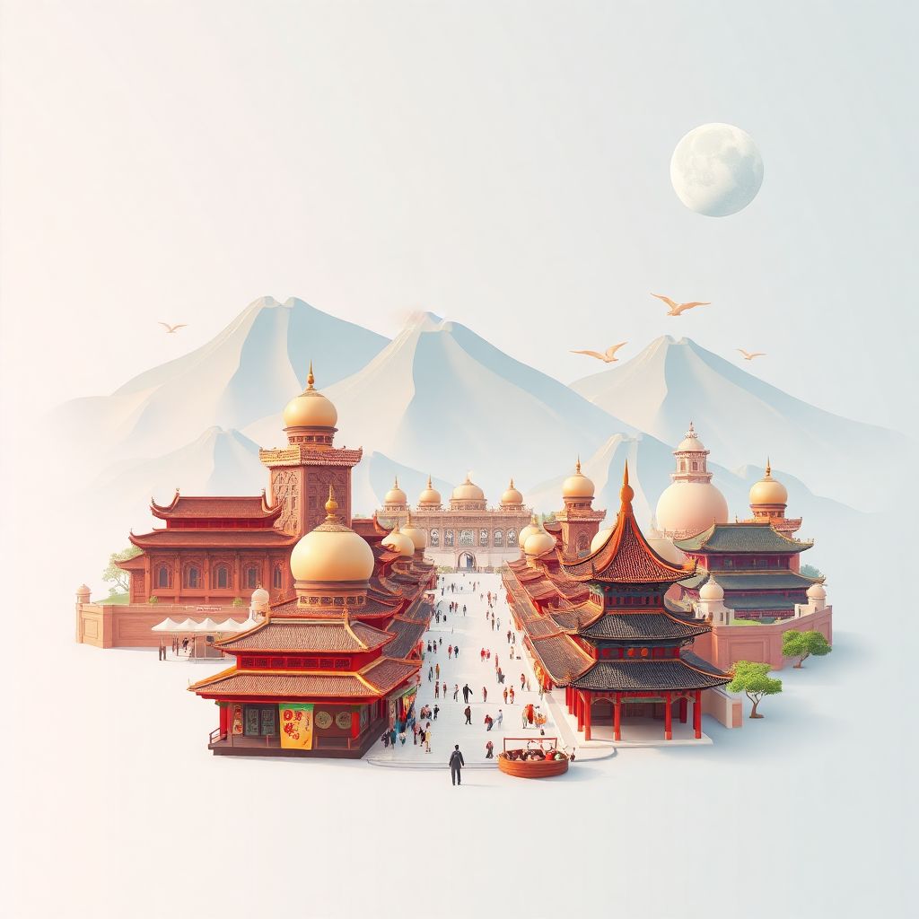 超高清渐变插画风格的和田插图，展现了和田大巴扎、塔克拉玛干沙漠和维吾尔族文化的独特魅力。