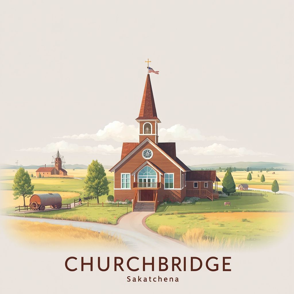 Ultra-high-definition gradient illustration style Churchbridge illustration, showing the unique charm of the Churchbridge Museum and the surrounding prairie landscapes.
