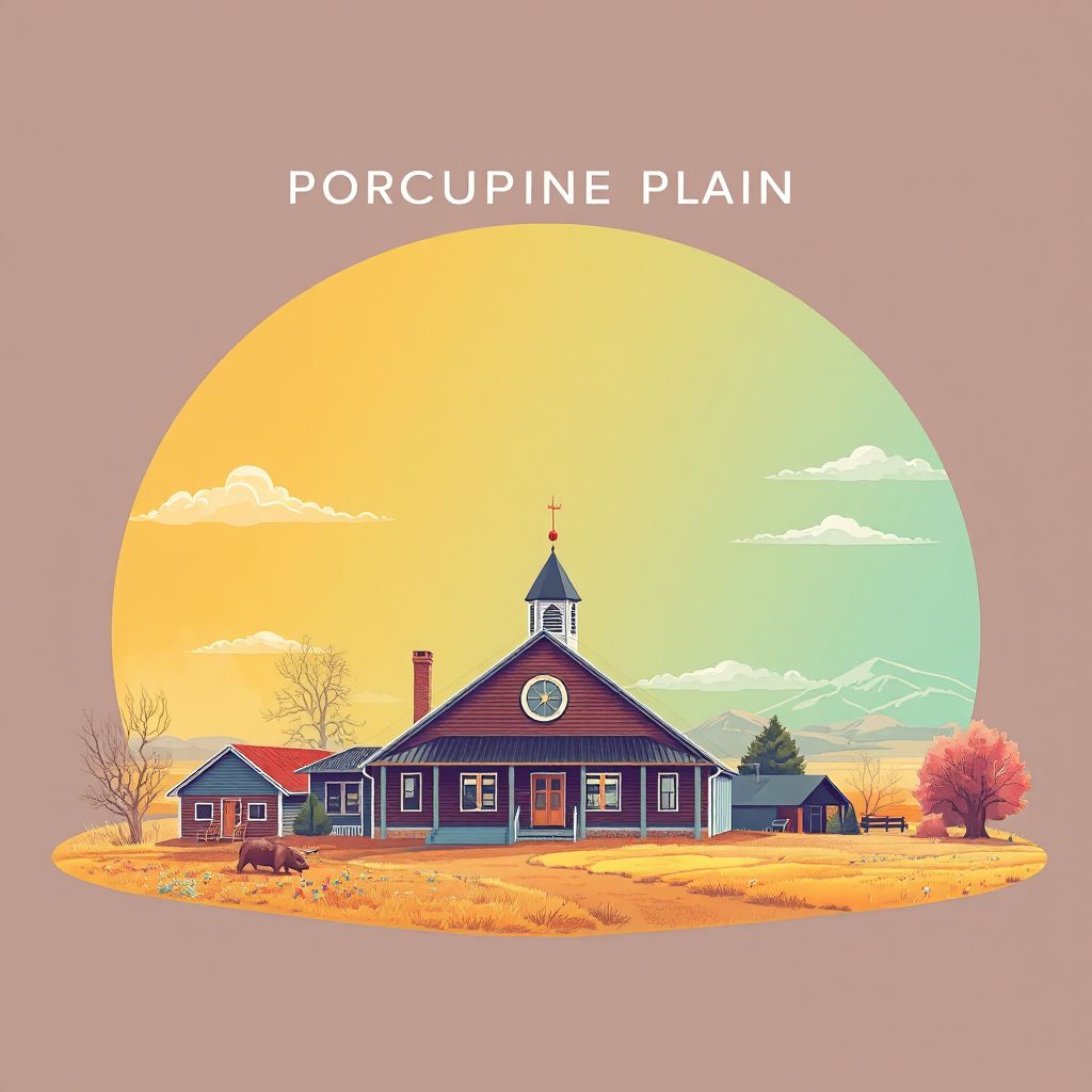 Ultra-high-definition gradient illustration of Porcupine Plain, Saskatchewan, Canada, featuring the Porcupine Plain Museum and prairie landscape.