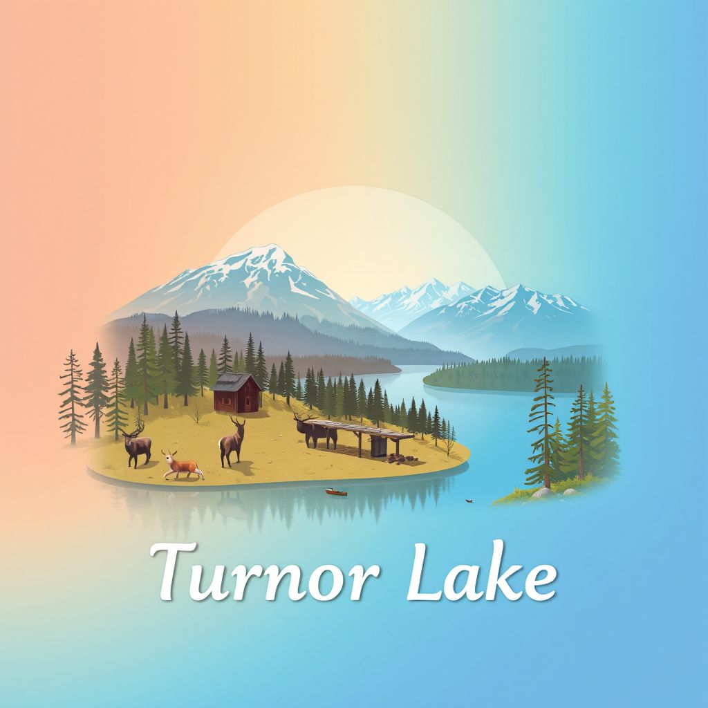 Ultra-high-definition gradient illustration style Turnor Lake illustration, showing the unique charm of Turnor Lake, the surrounding wilderness, and the local wildlife.