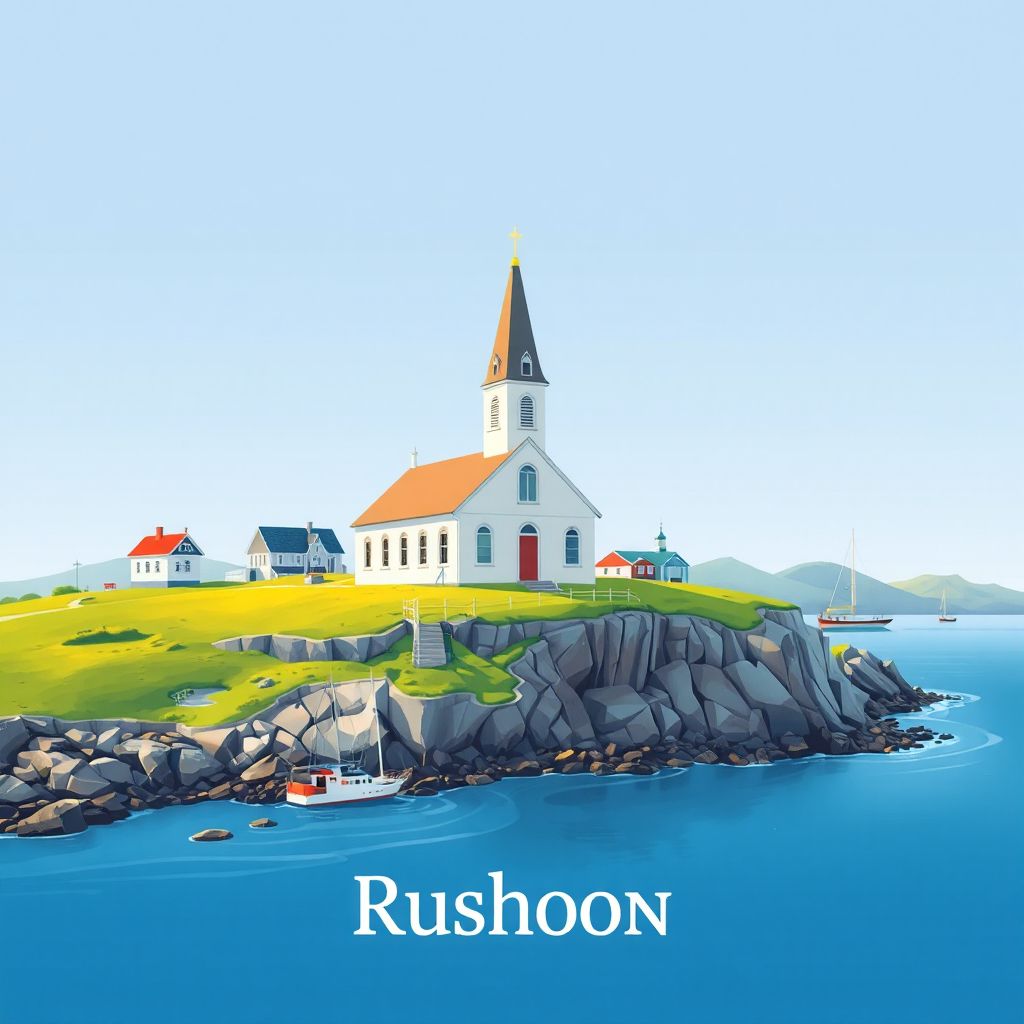 Ultra-high-definition gradient illustration style Rushoon illustration, showing the unique charm of the Rushoon Church and coastal scenery.