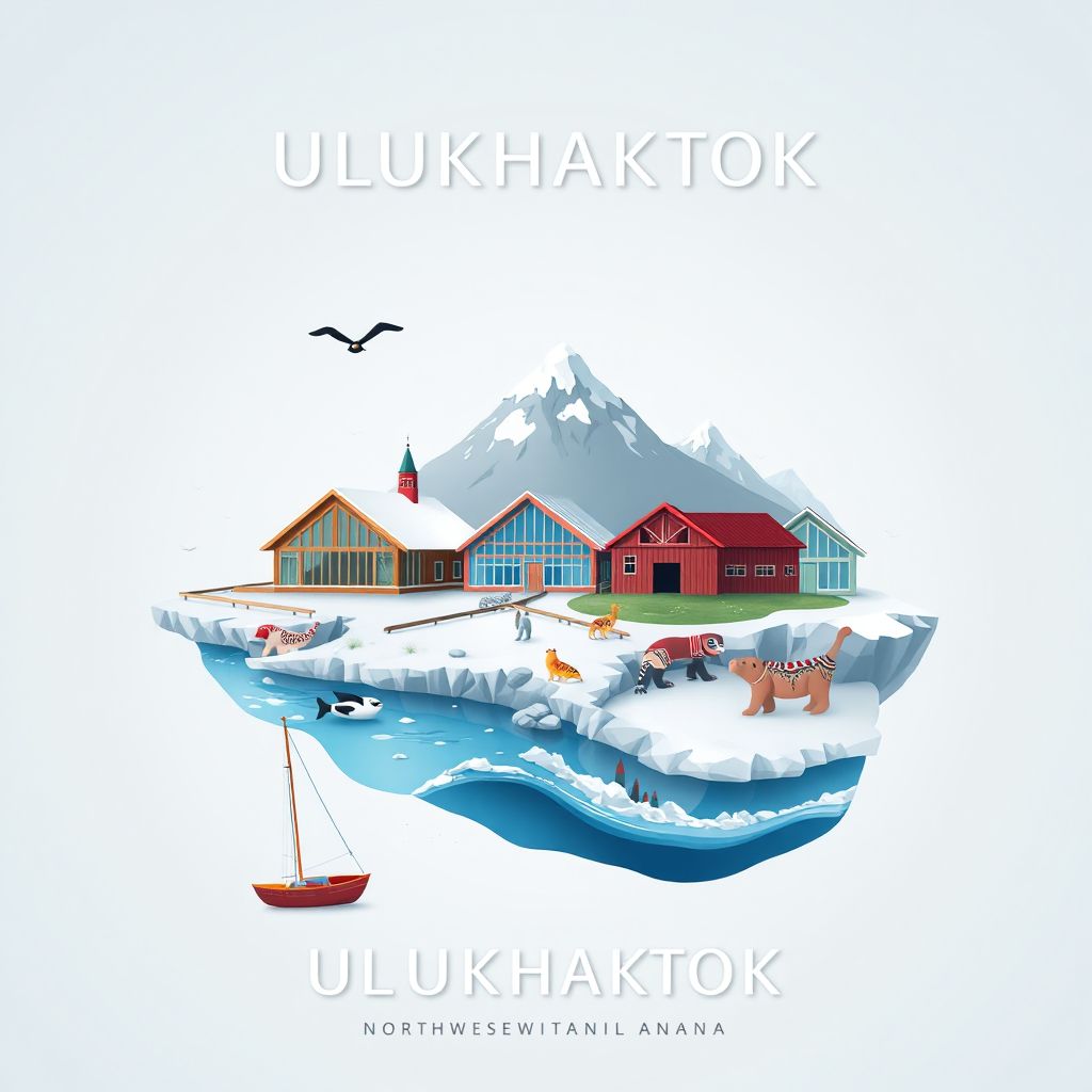 Ultra-high-definition gradient illustration style Ulukhaktok illustration, showing the unique charm of the Ulukhaktok Cultural Centre, the Arctic Ocean coastline.