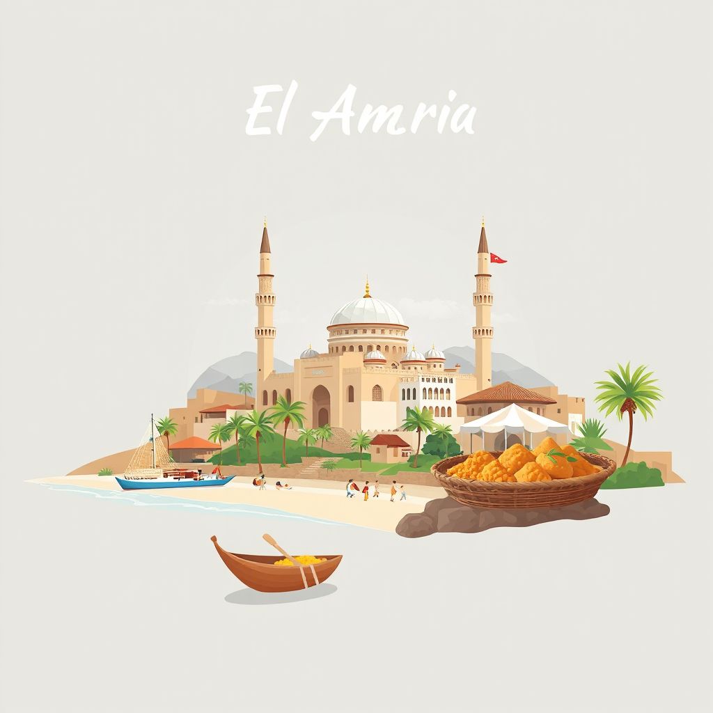 Ultra-high-definition gradient illustration style El Amria illustration, showing the unique charm of the Ain Temouchent Mosque, the Ain Temouchent Beach, and couscous.
