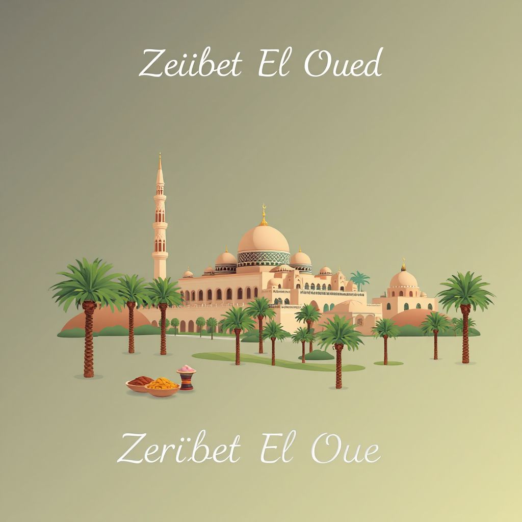 Ultra-high-definition gradient illustration style Zeribet El Oued illustration, showing the unique charm of the Zeribet El Oued Mosque, palm groves, and couscous.