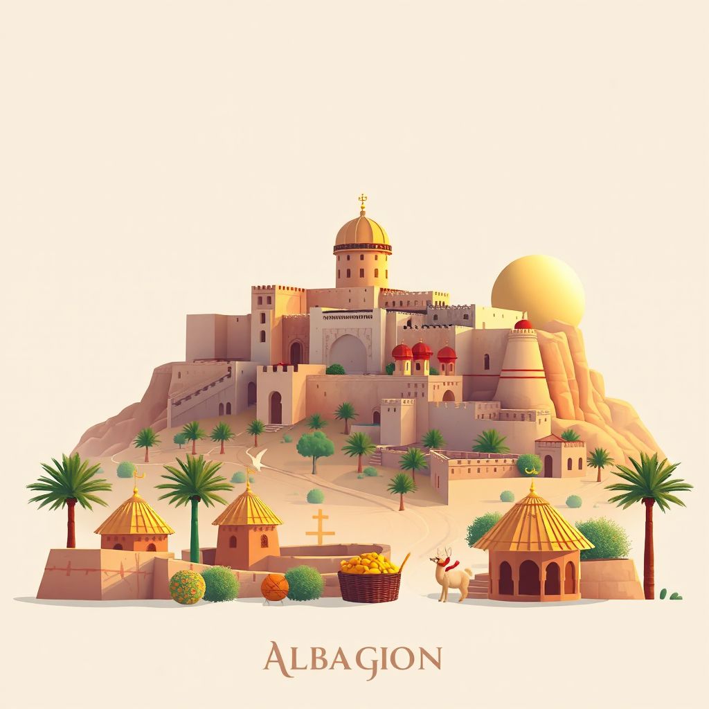 Ultra-high-definition gradient illustration style Boussemghoun illustration, showing the unique charm of the historic Kasbah of Boussemghoun and the scenic landscapes of the Sahara Desert.