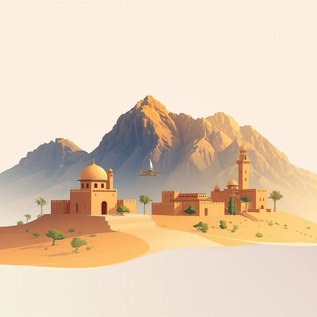 Ultra-high-definition gradient illustration style Illizi illustration, showing the unique charm of the Tassili n'Ajjer National Park and traditional Berber architecture.