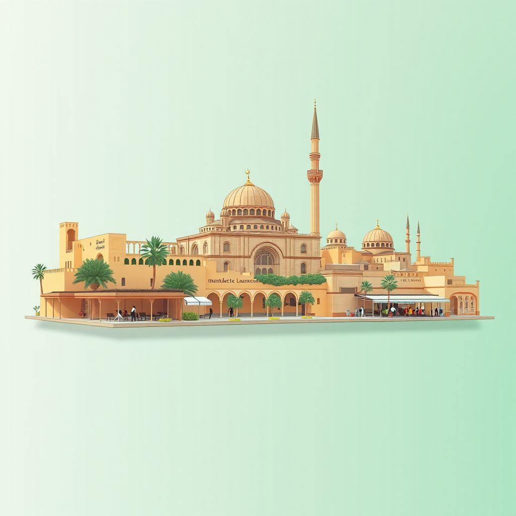 Ultra-high-definition gradient illustration style El Bayadh illustration, showing the unique charm of the El Bayadh Mosque, the ancient ruins of Tiddis, and the local market.