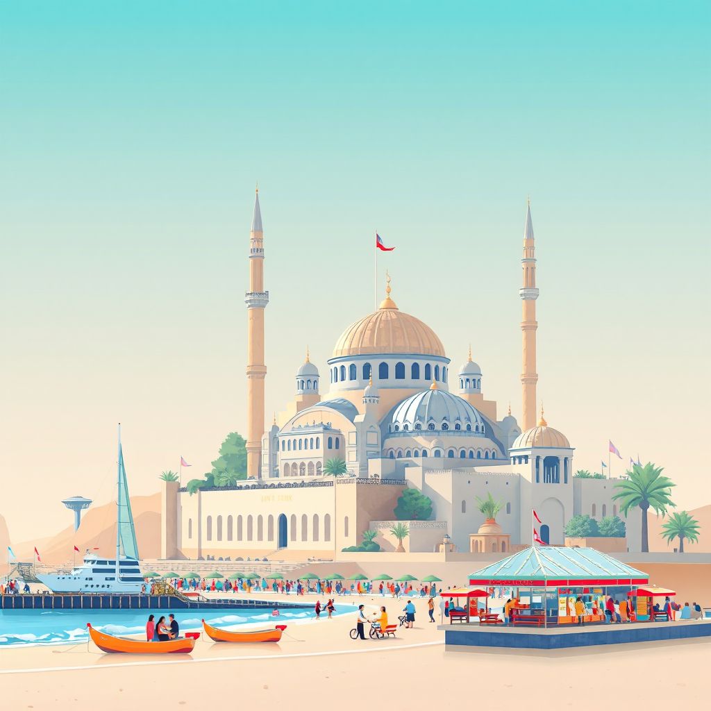 Ultra-high-definition gradient illustration style Ain Turk illustration, showing the unique charm of the Ain Turk Mosque, the Ain Turk Beach, and the Ain Turk Market.