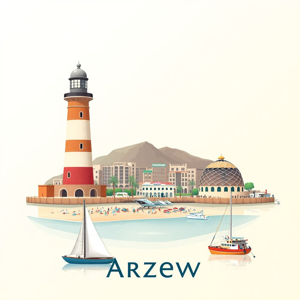 Ultra-high-definition gradient illustration style Arzew illustration, showing the unique charm of the Arzew Lighthouse, the Arzew Beach, and the Arzew Port.