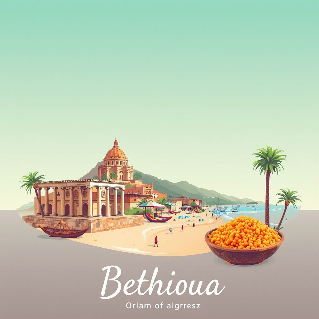 Ultra-high-definition gradient illustration of Bethioua, Oran, Algeria, featuring Bethioua Beach and the ruins of Icosium.