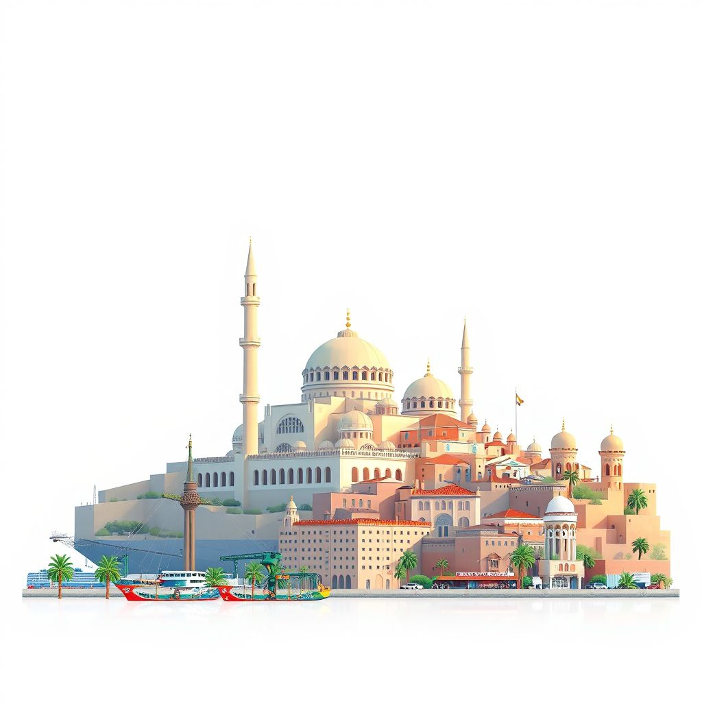Ultra-high-definition gradient illustration of Boutlelis, featuring the Great Mosque of Oran, the Port of Oran, and the historic Casbah of Oran.