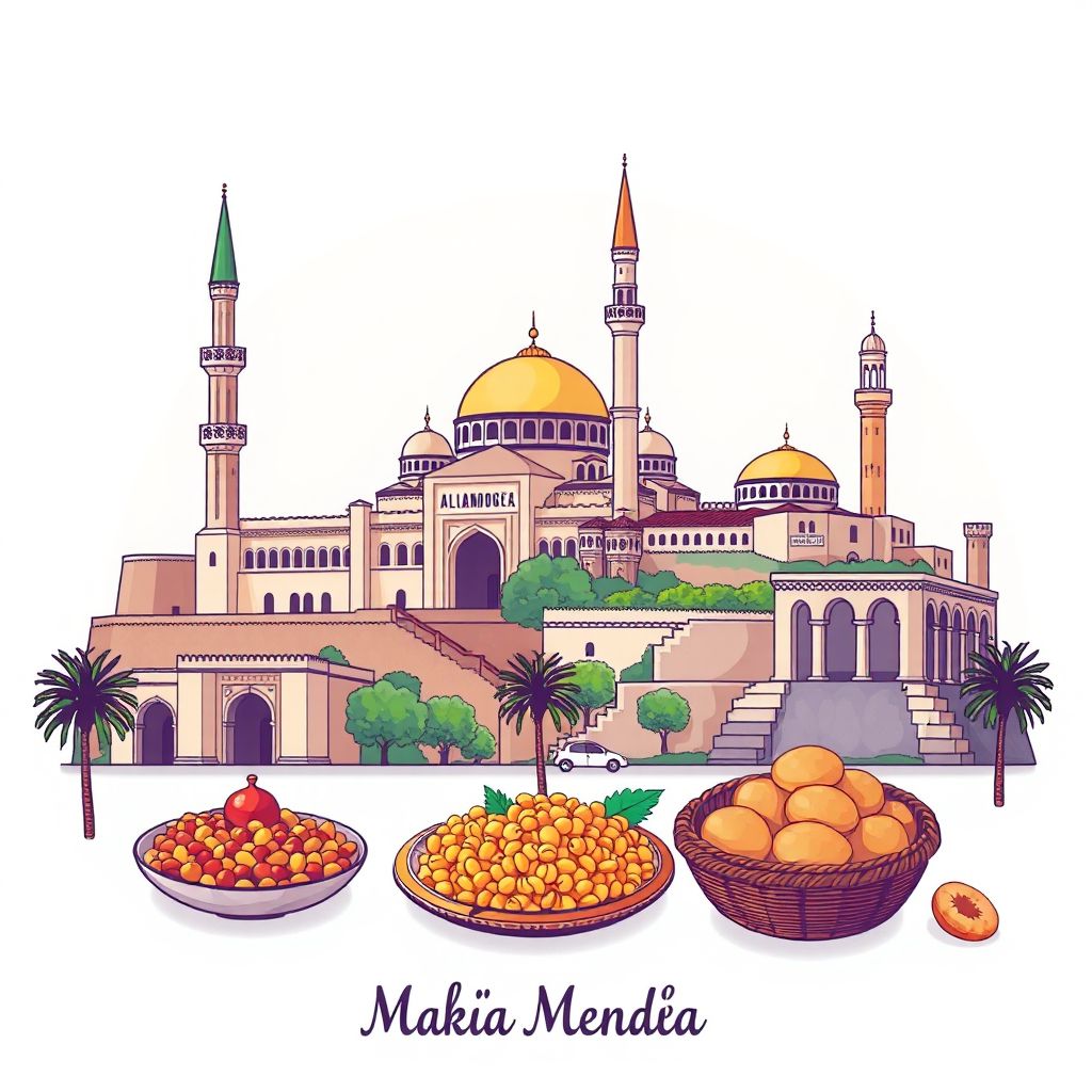 Ultra-high-definition gradient illustration of Marsa Ben Mehdi, featuring the Great Mosque of Tlemcen, the El Mechouar Palace, and traditional Algerian dishes.