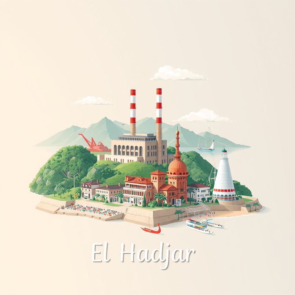 Ultra-high-definition gradient illustration style El Hadjar illustration, showing the unique charm of the El Hadjar Steel Complex and the beaches of Annaba.