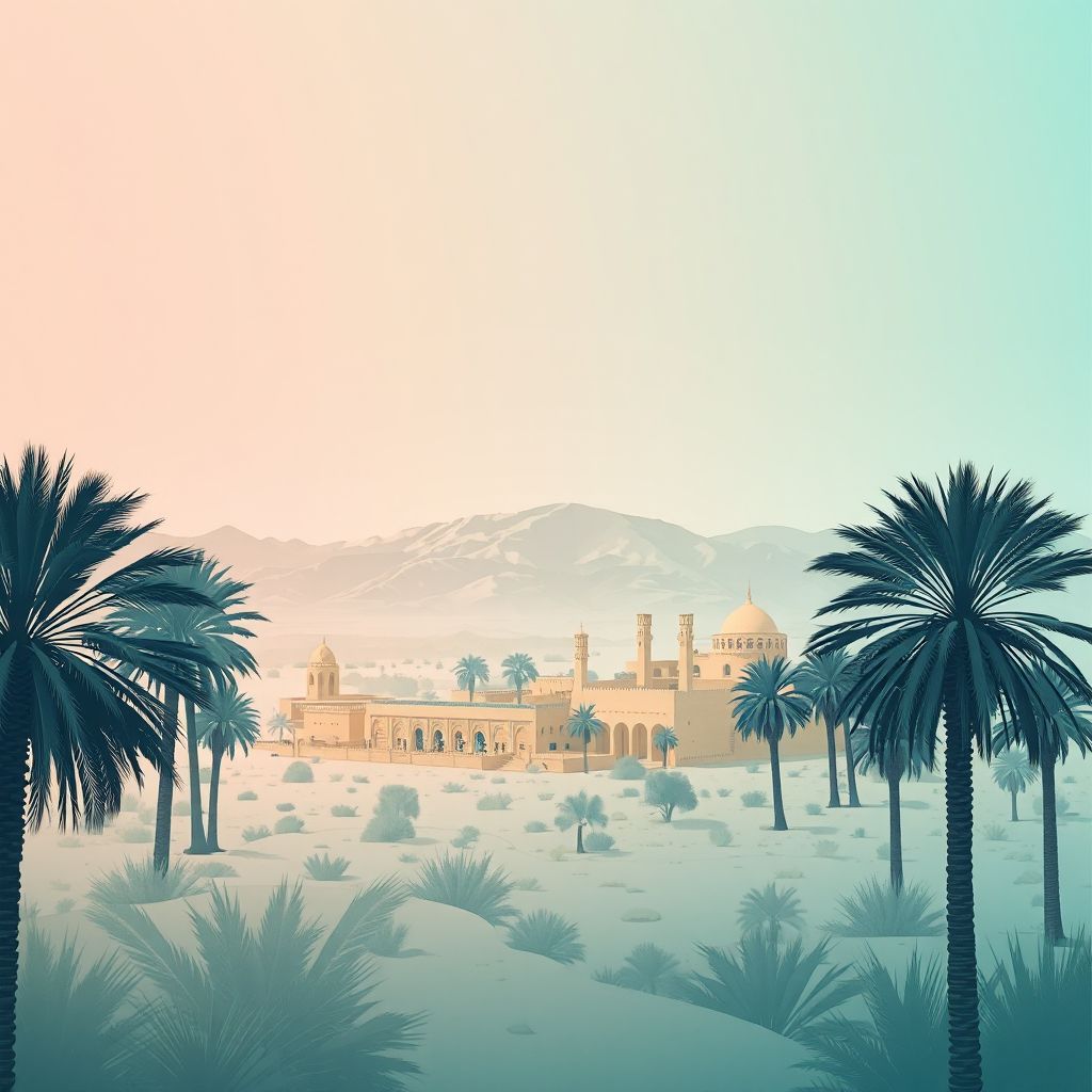 Ultra-high-definition gradient illustration style Kenadsa illustration, showing the unique charm of the Kenadsa Oasis, ancient ruins, and date palm trees.