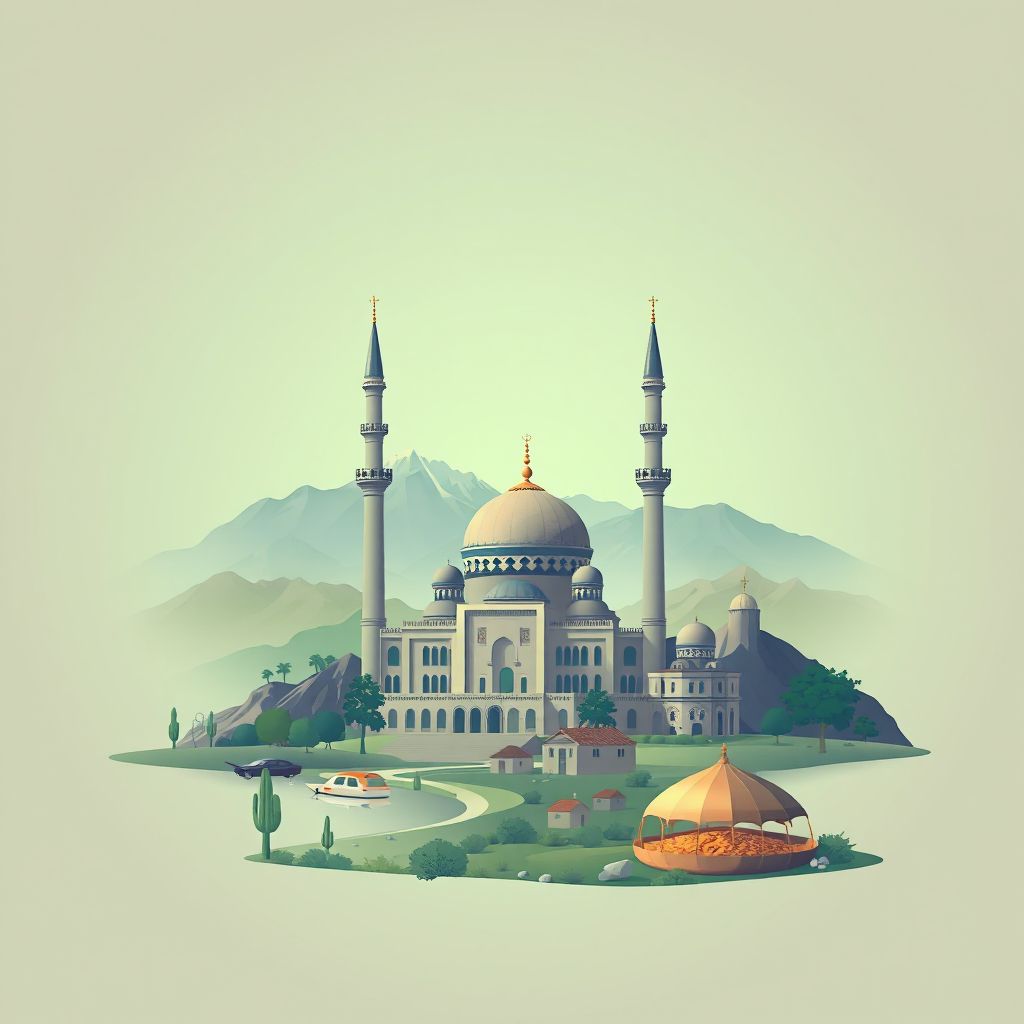 Ultra-high-definition gradient illustration style Ifri Ouzellaguene illustration, showing the unique charm of the Ifri Ouzellaguene Mosque, the surrounding mountains, and couscous.