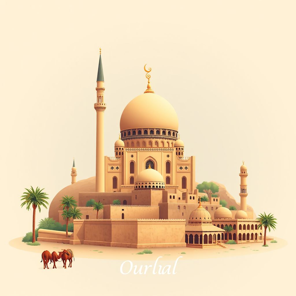 Ultra-high-definition gradient illustration style Ourlal illustration, showing the unique charm of the Sidi Okba Mosque, the ancient ruins of Timgad, and couscous.
