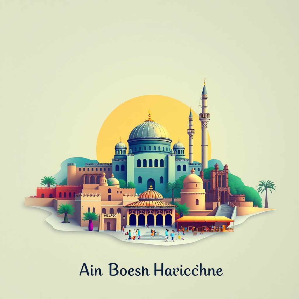Ultra-high-definition gradient illustration style Ain Beida Harriche illustration, showing the unique charm of the Ain Beida Harriche Mosque, the Ain Beida Harriche Ruins, and the Ain Beida Harriche Market.