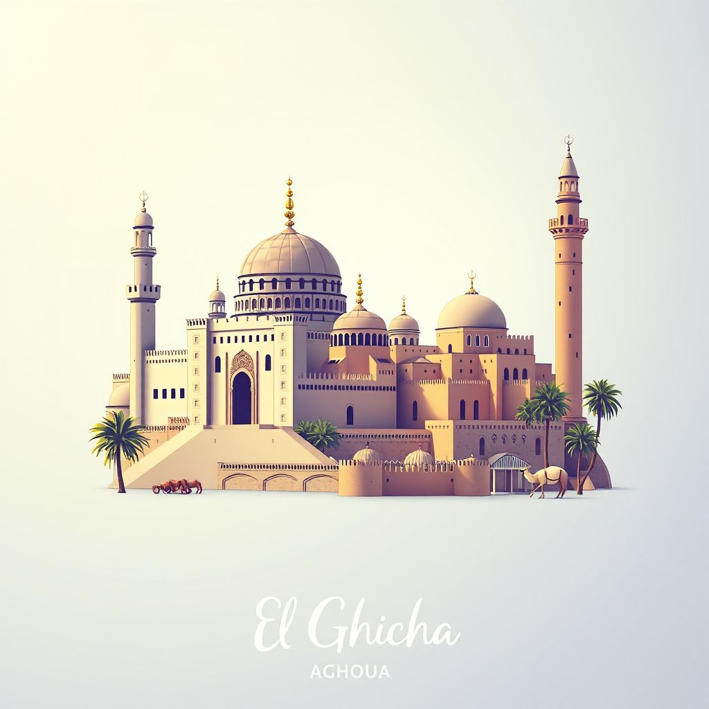 Ultra-high-definition gradient illustration style El Ghicha illustration, showing the unique charm of the Laghouat Mosque, the historic Kasbah of Laghouat.
