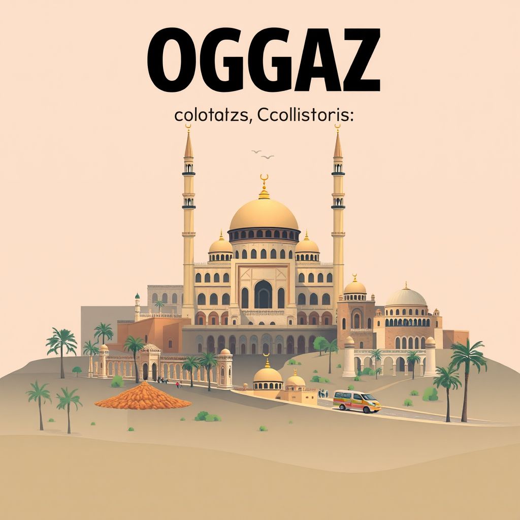 Ultra-high-definition gradient illustration style Oggaz illustration, showing the unique charm of the Great Mosque of Mascara, the historic ruins of Timgad.