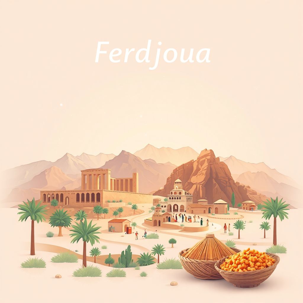 Ultra-high-definition gradient illustration style Ferdjioua illustration, showing the unique charm of the ancient ruins of Djebel Aissa, the Aurès Mountains, and traditional Algerian couscous.