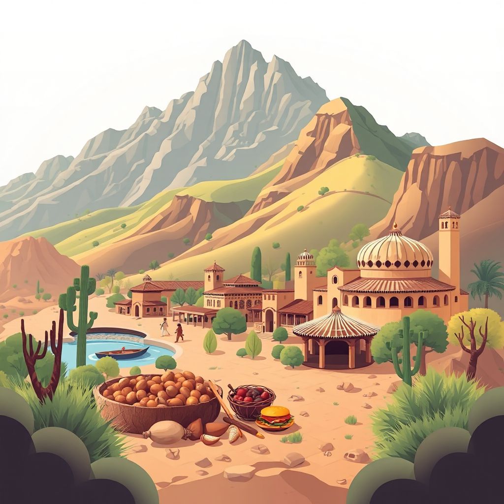 Ultra-high-definition gradient illustration style Maatkas illustration, showing the unique charm of the Djurdjura National Park and traditional Berber cuisine.
